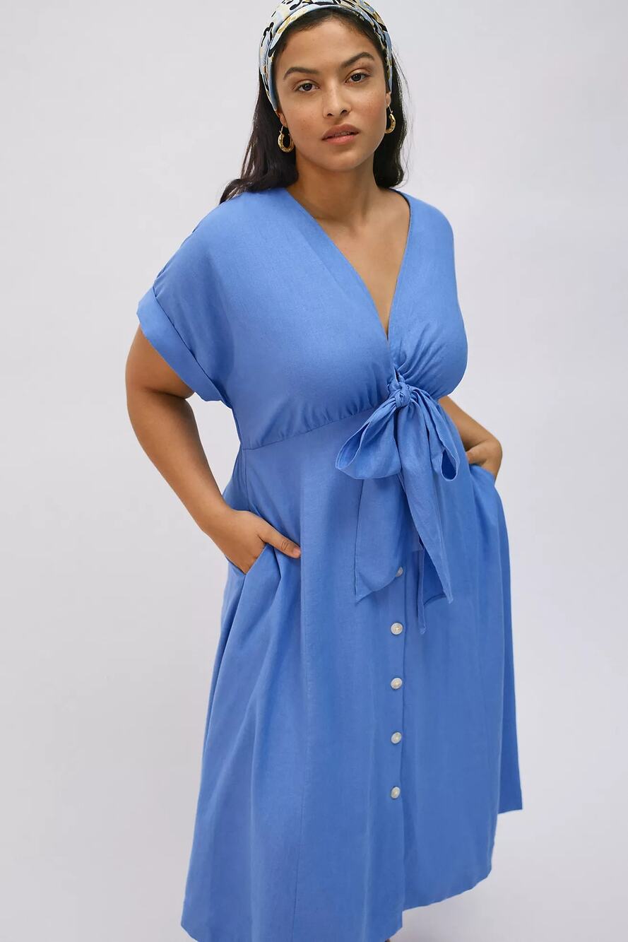 10P 10 Maeve By Anthropologie Casual Dress Gathered Midi Blue Tie Front Linen